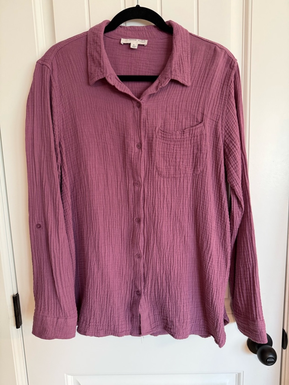 Anne Klein Gauze Button Up Top L Purple Cotton Lightweight Casual Blouse Beachy